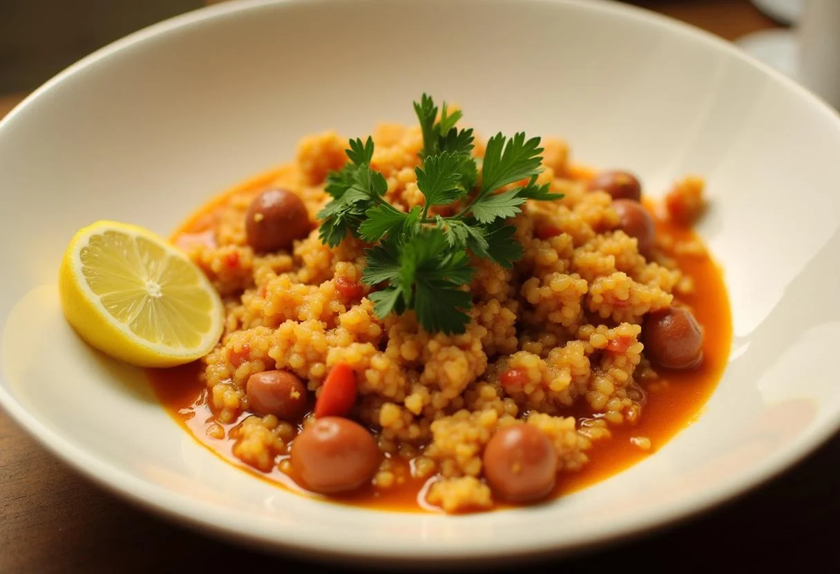 Présentation du riz au chorizo simple et rapide, garni de persil frais avec un quartier de citron.