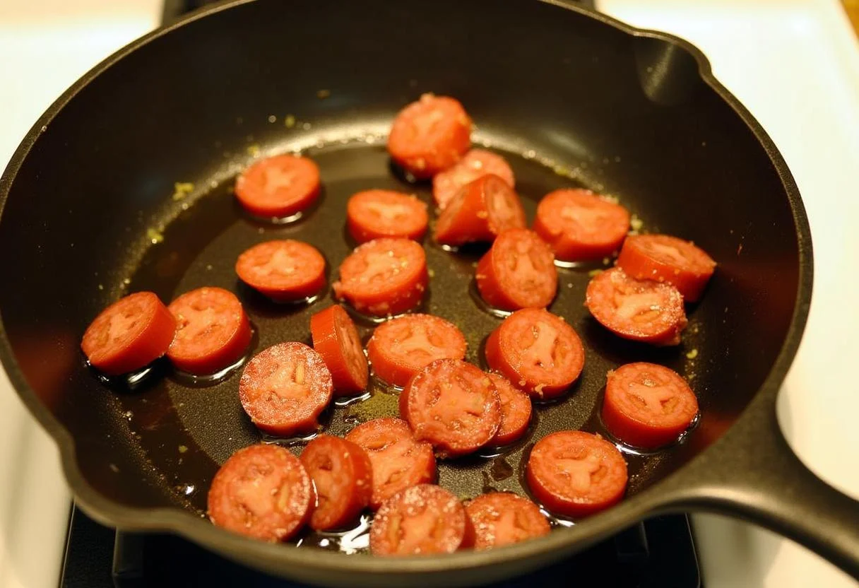 PrĂ©paration du riz au chorizo, avec du chorizo tranchĂ© dorĂ© dans une grande poĂȘle.