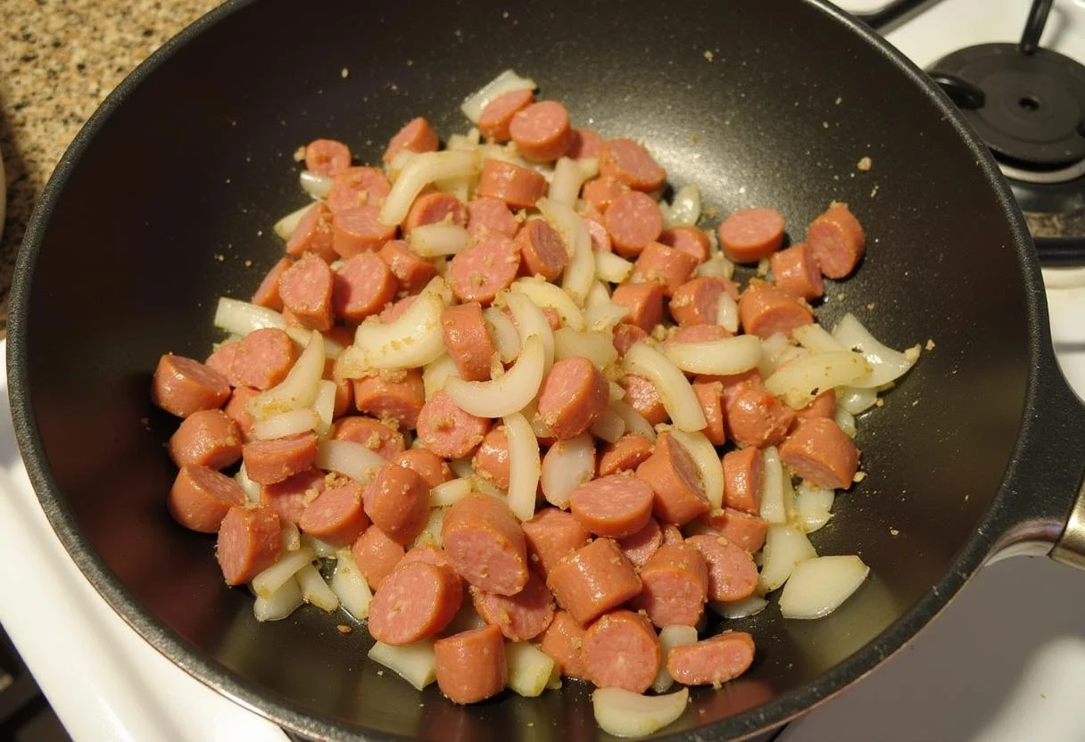 Ajout d'oignons hachĂ©s et d'ail Ă la poĂȘle pour la recette de riz au chorizo, crĂ©ant un parfum dĂ©licieux.