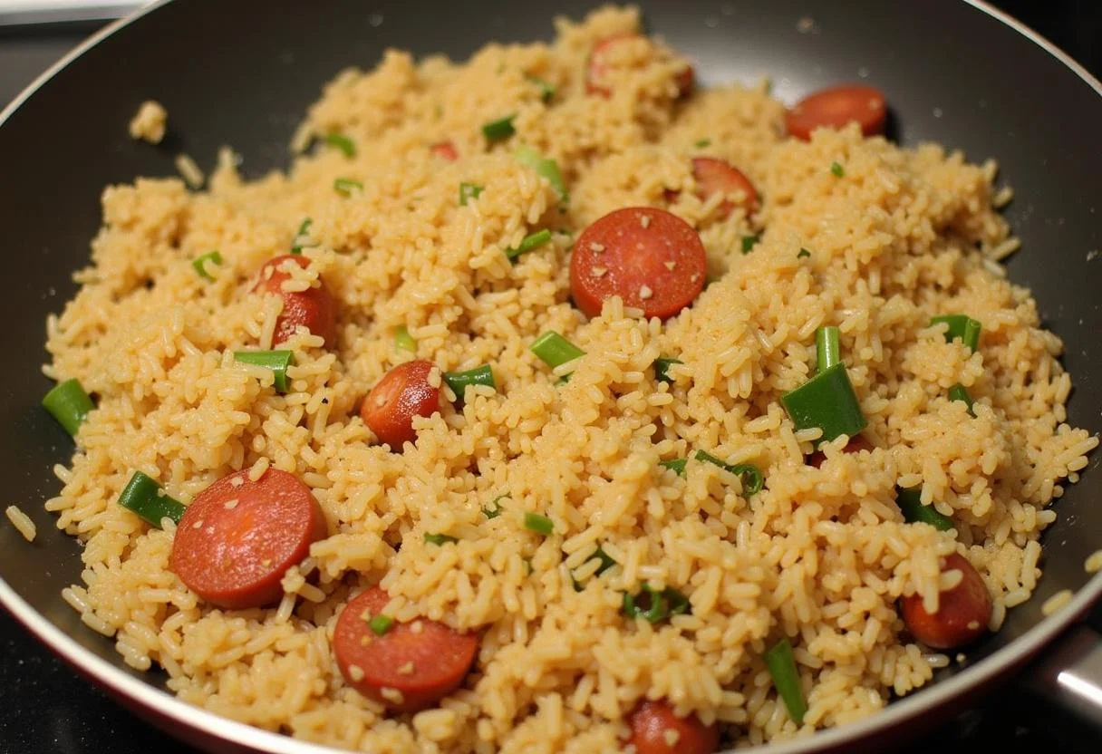 Mélange du riz avec le chorizo et les aromates, en ajoutant le bouillon de légumes pour la recette chorizo riz.