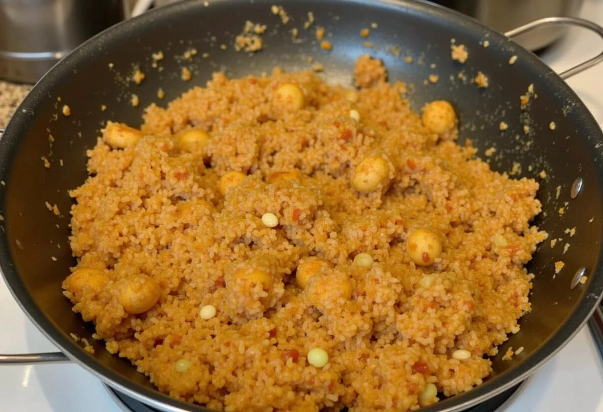 Cuisson du riz au chorizo sous couverture, permettant aux saveurs de se mélanger et au riz de cuire parfaitement.