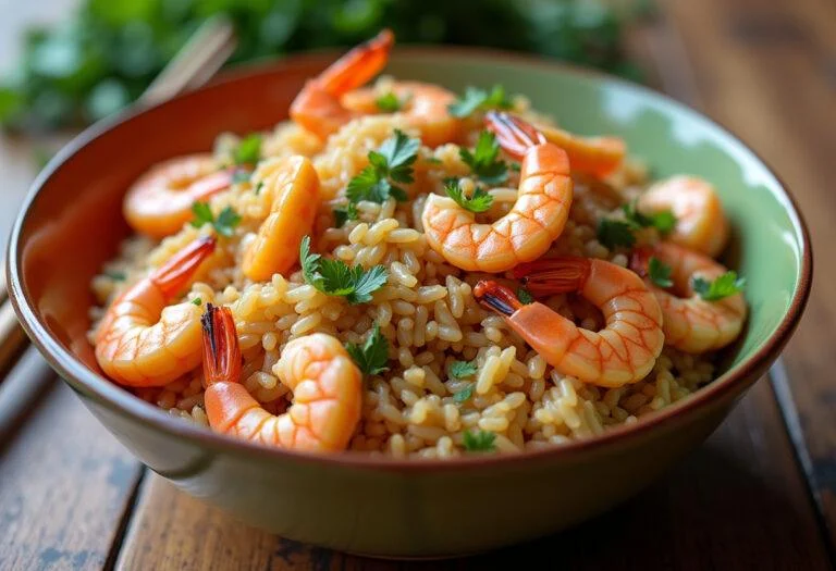 Bol de riz aux crevettes simple et rapide à la poêle, mettant en valeur les crevettes aux curry et riz.