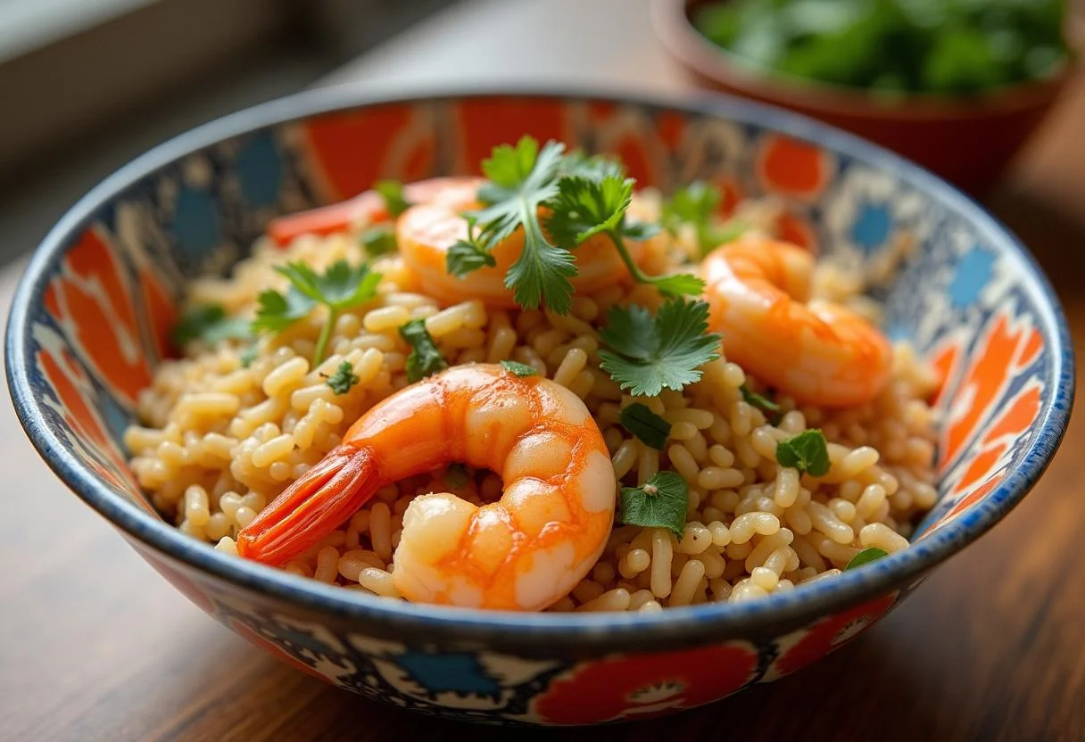 Bol de riz aux crevettes simple et rapide à la poêle, mettant en valeur les crevettes aux curry et riz.