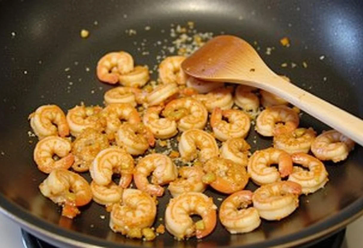 Ail émincé ajouté au mélange, crevettes crues ajoutées dans la poêle pour les recettes de riz et crevettes.
