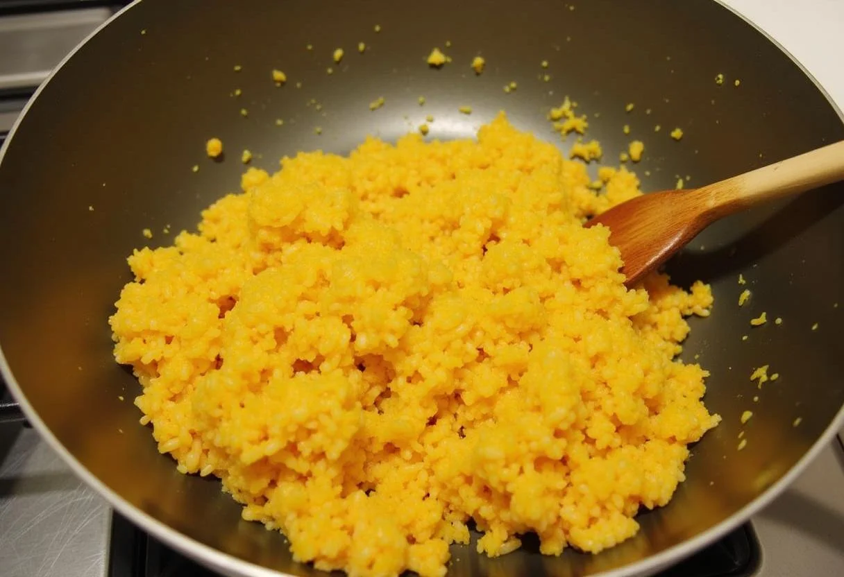 Riz cuit et poudre de curry mélangés dans la poêle, créant une recette parfumée de crevettes au riz.