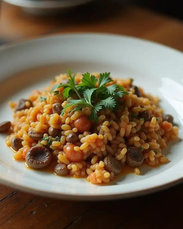 Riz aux lentilles complet et végétarien, joliment présenté avec des herbes fraîches sur une table rustique.