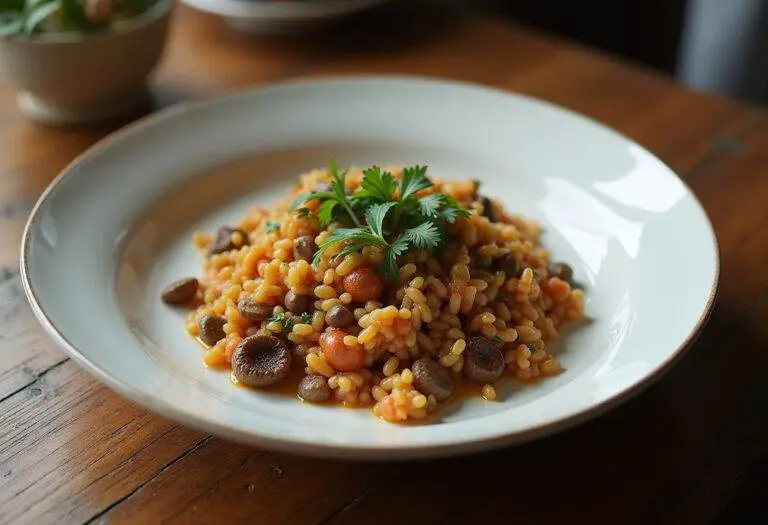 Riz aux lentilles complet et végétarien, joliment présenté avec des herbes fraîches sur une table rustique.