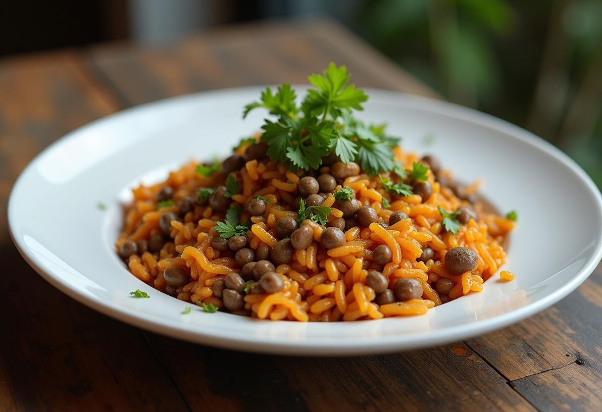 Riz aux lentilles complet et végétarien, joliment présenté avec des herbes fraîches sur une table rustique.