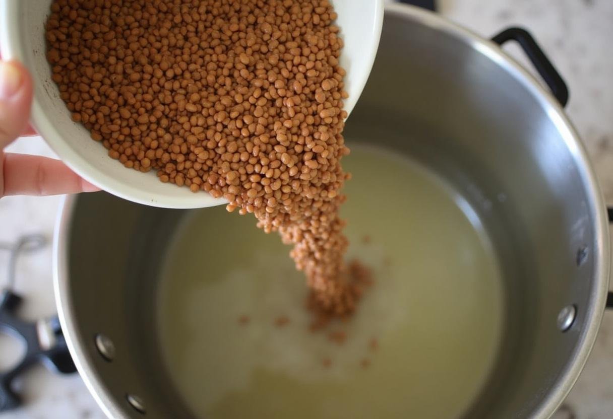 Début de la cuisson des lentilles pour le riz aux lentilles avec une touche de sel dans une casserole bouillante.