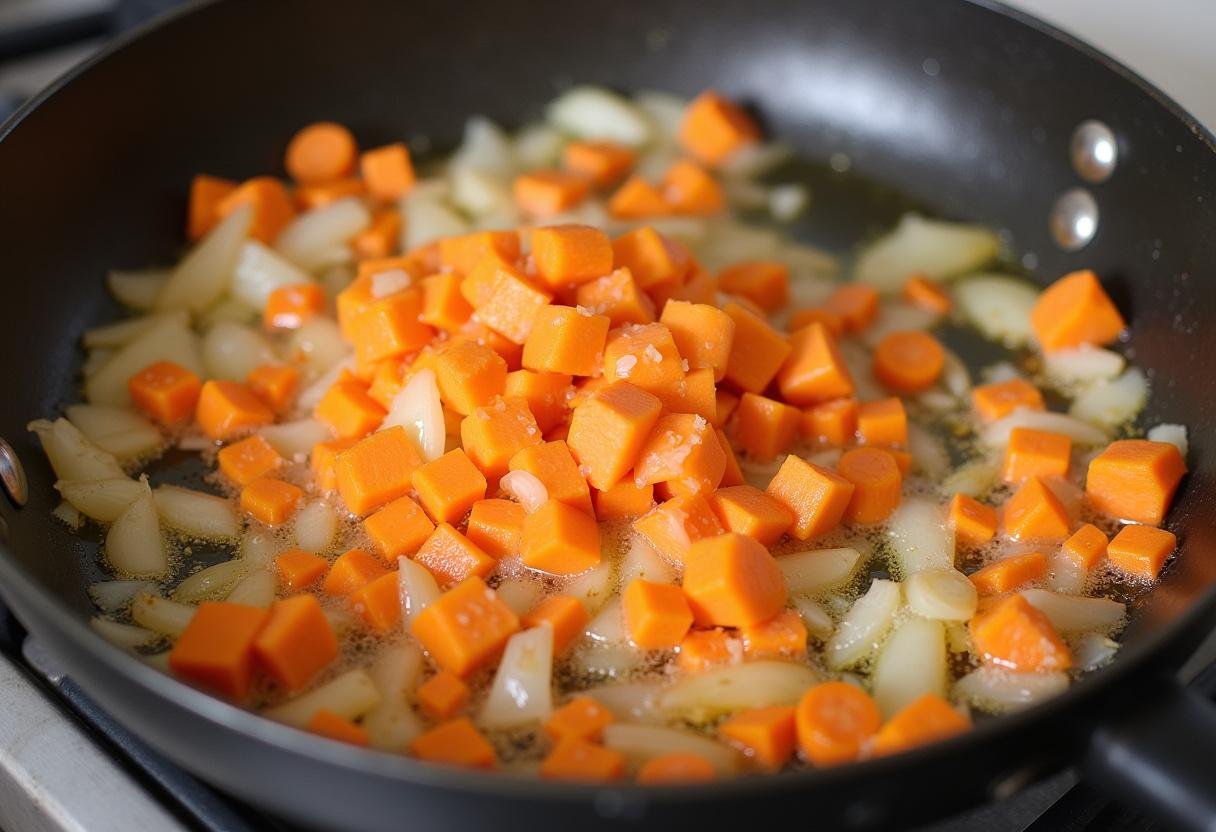Sauté d'oignons, carottes et ail dans l'huile d'olive pour préparer une base savoureuse du riz aux lentilles.