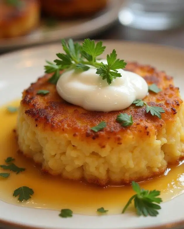 Rosti de pommes de terre croustillant élégamment présenté sur l'assiette, garnie d'herbes fraîches et d'une cuillerée de crème aigre.