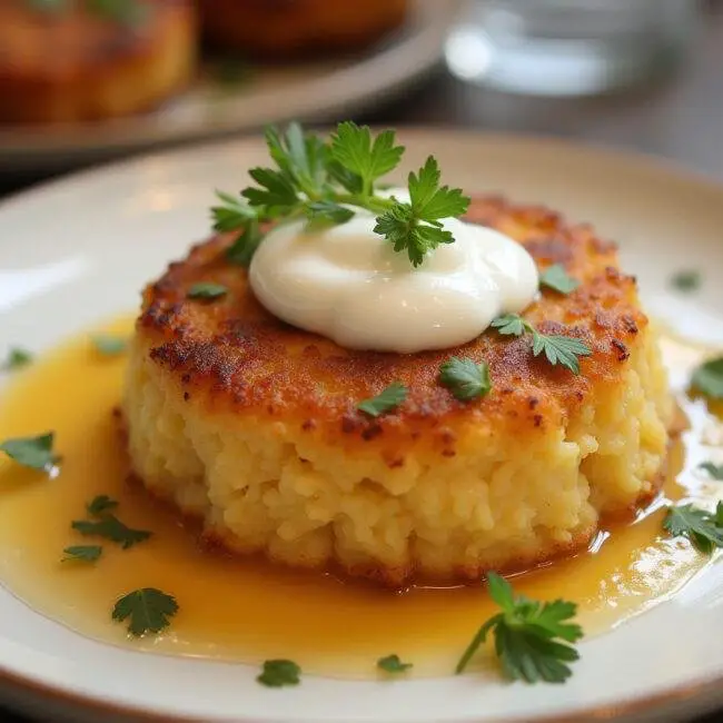 Rosti de pommes de terre croustillant élégamment présenté sur l'assiette, garnie d'herbes fraîches et d'une cuillerée de crème aigre.