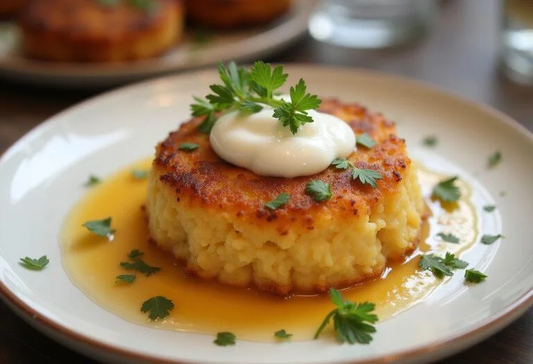 Rosti de pommes de terre croustillant élégamment présenté sur l'assiette, garnie d'herbes fraßches et d'une cuillerée de crÚme aigre.