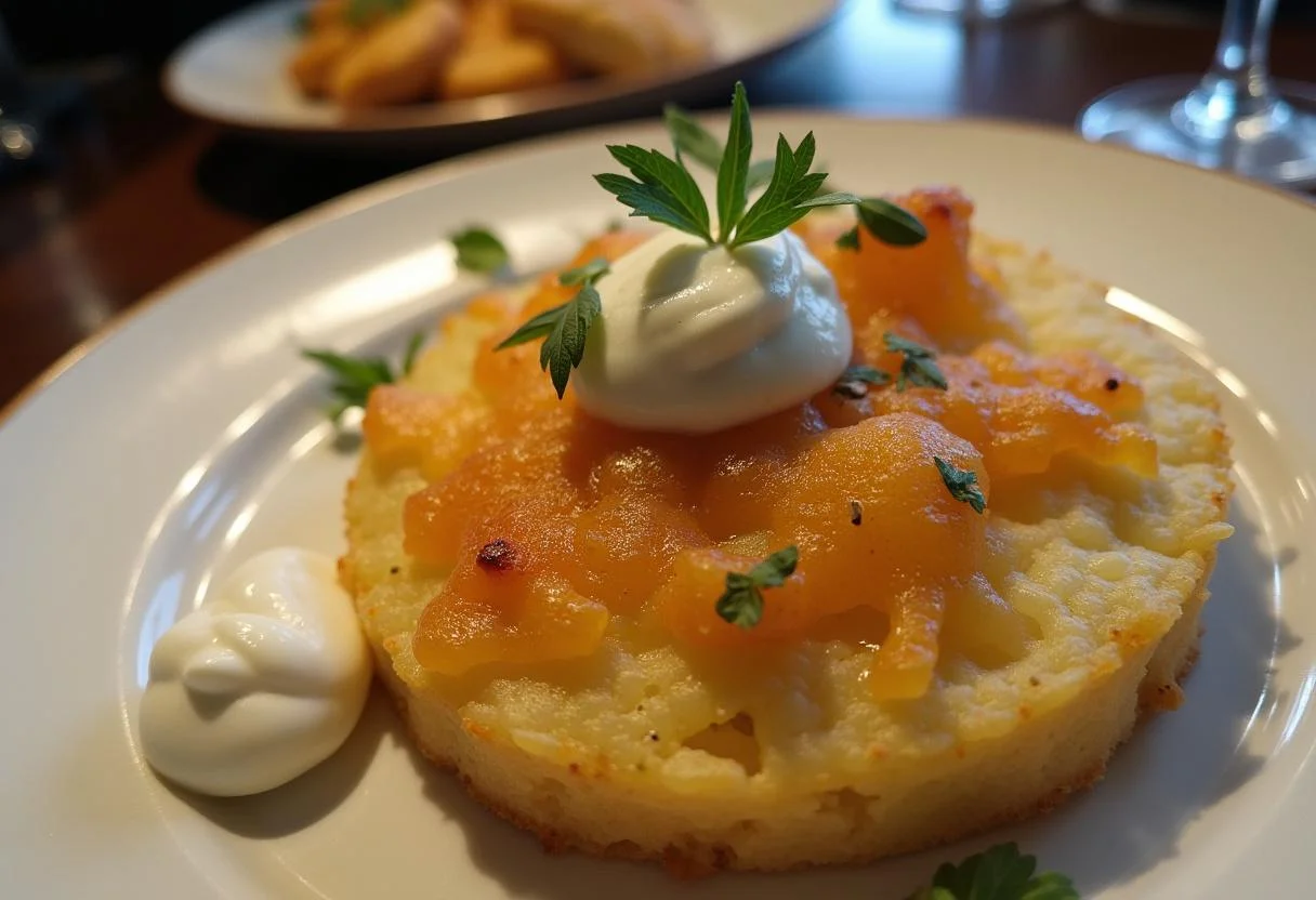 Rosti de pommes de terre croustillant élégamment présenté sur l'assiette, garnie d'herbes fraßches et d'une cuillerée de crÚme aigre.