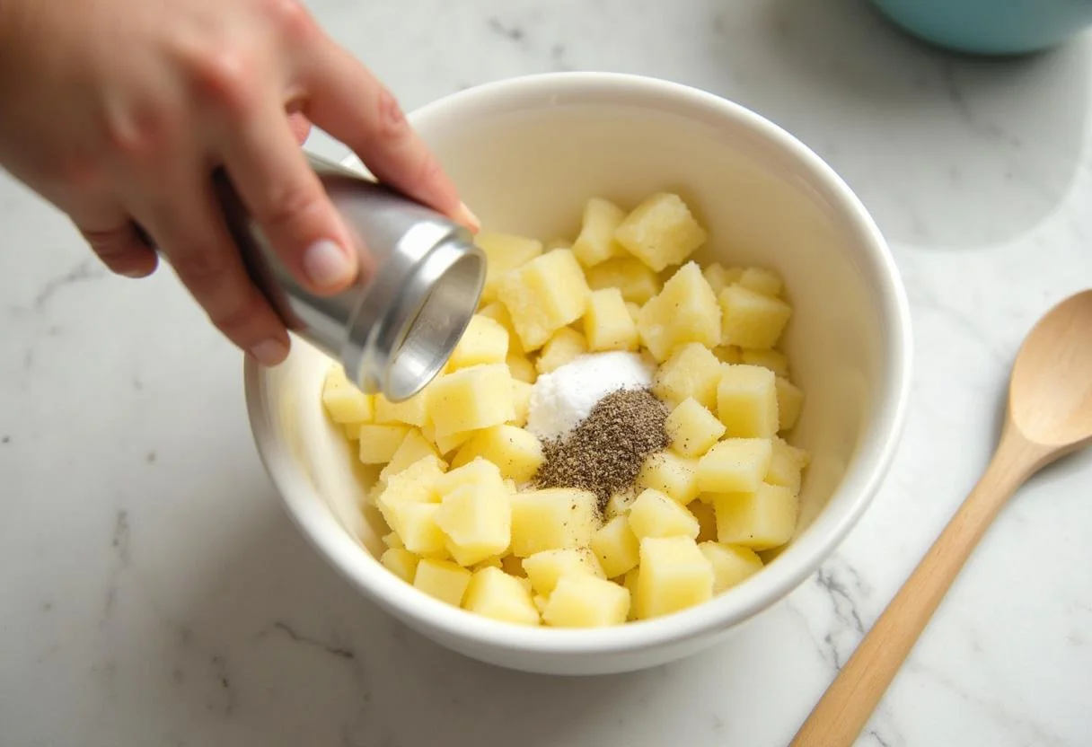 Mélange de pommes de terre rùpées pour un rosti de pomme de terre croustillant, avec du sel et du poivre dans un bol en cuisine.