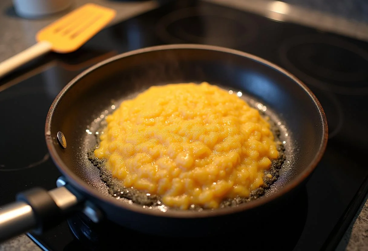 PoĂȘle chauffante avec de l'huile prĂȘte Ă frĂ©mir pour une recette de rosti suisse croustillant et facile.