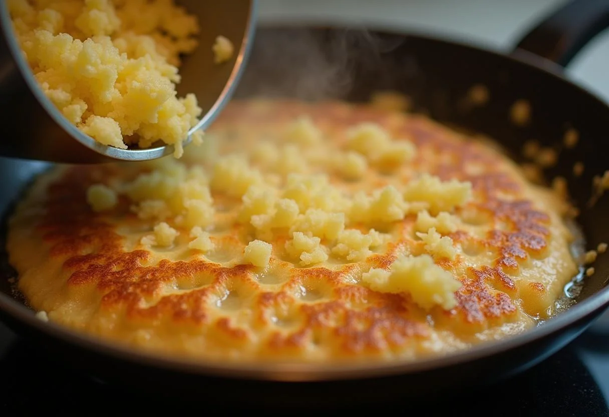 MĂ©lange de pommes de terre pressĂ© dans la poĂȘle pour obtenir un rosti croustillant dorĂ©, avec un effet de grĂ©sillement.
