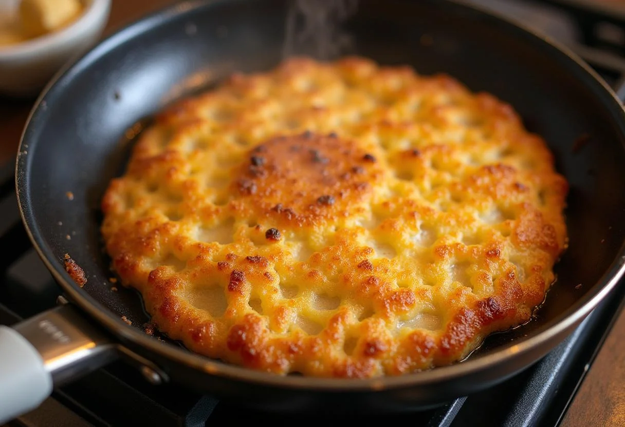 Rosti de pomme de terre croustillant en train d'ĂȘtre retournĂ© dans la poĂȘle, montrant sa belle couleur dorĂ©e.