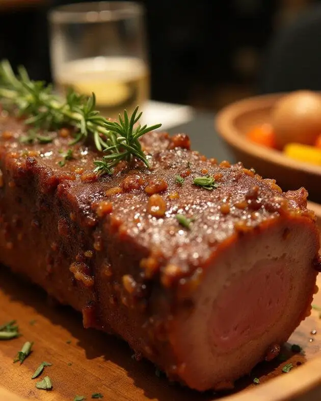 Présentation d'un rôti Orloff de porc tendre et juteux, servi avec des pommes de terre rôties et des légumes frais.