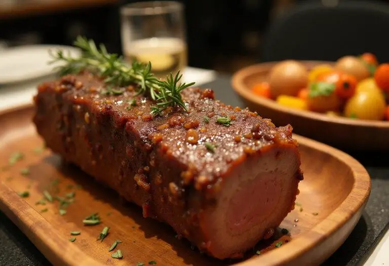 Présentation d'un rôti Orloff de porc tendre et juteux, servi avec des pommes de terre rôties et des légumes frais.