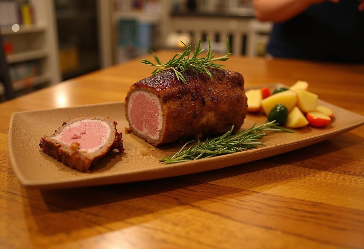 Présentation d'un rôti Orloff de porc tendre et juteux, servi avec des pommes de terre rôties et des légumes frais.