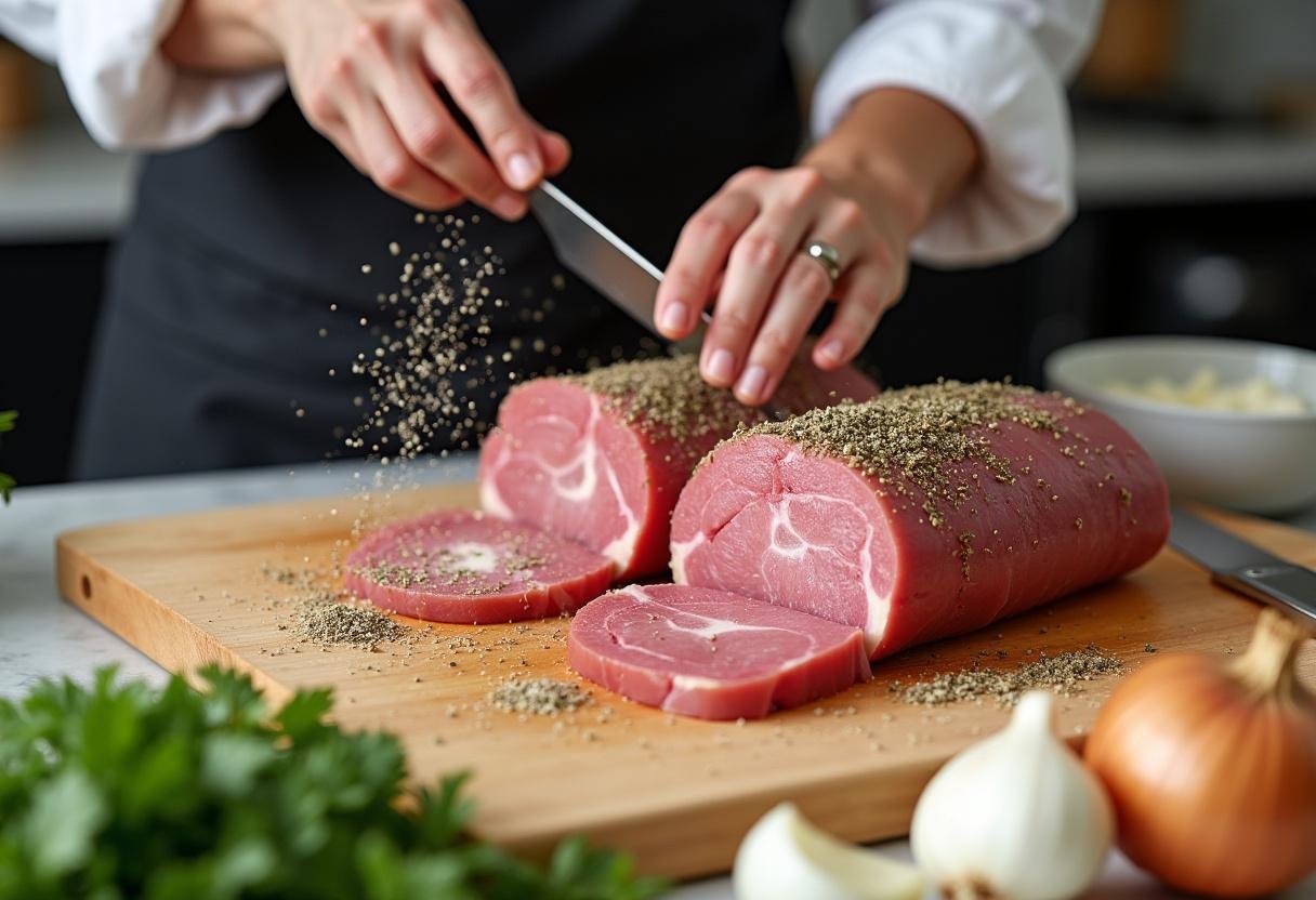 Préparation d'un rôti Orloff de porc avec du porc assaisonné de sel, poivre, et herbes fraîches.