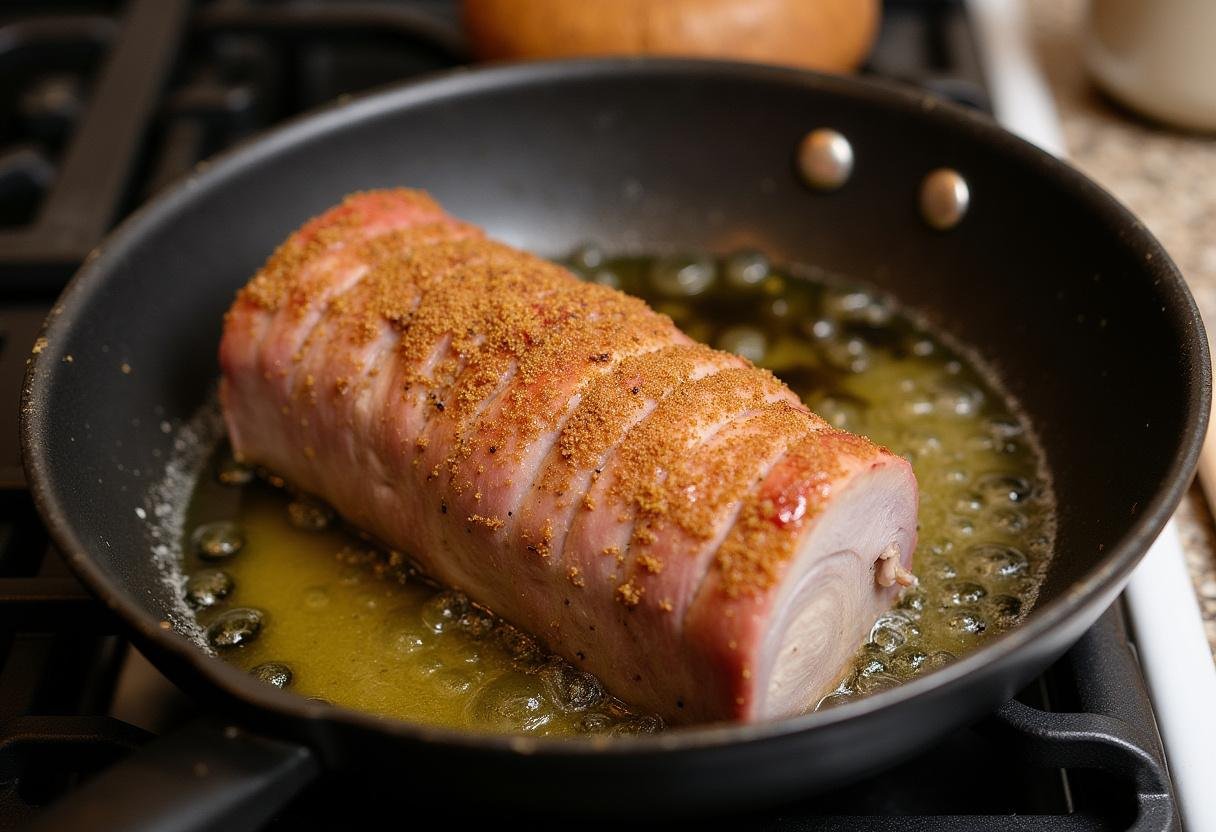 Cuisson du rôti Orloff de porc dans une poêle chaude, le porc dorant et créant une délicieuse croûte.