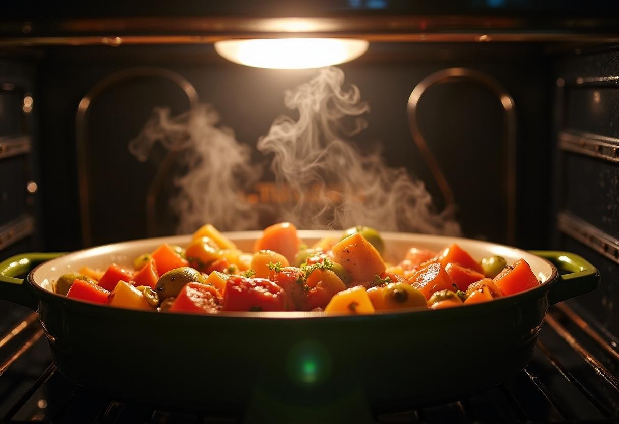 Rôti Orloff de porc juteux en cours de cuisson au four, avec des légumes parfumés autour.