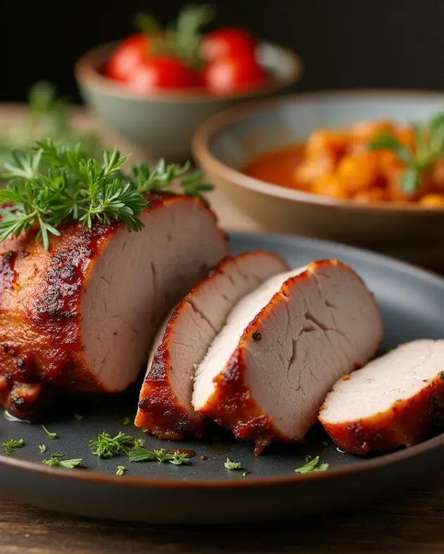 Rôti de porc moelleux au Cookeo servi avec des légumes, une présentation appétissante et tentante.