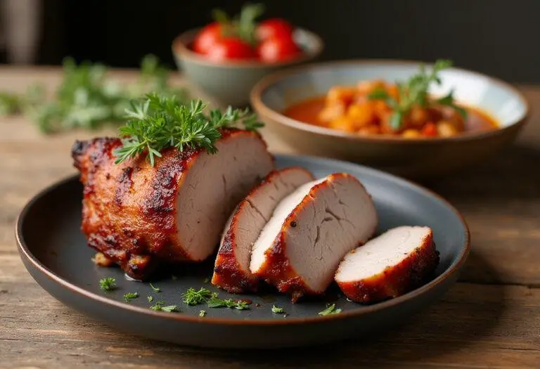 Rôti de porc moelleux au Cookeo servi avec des légumes, une présentation appétissante et tentante.
