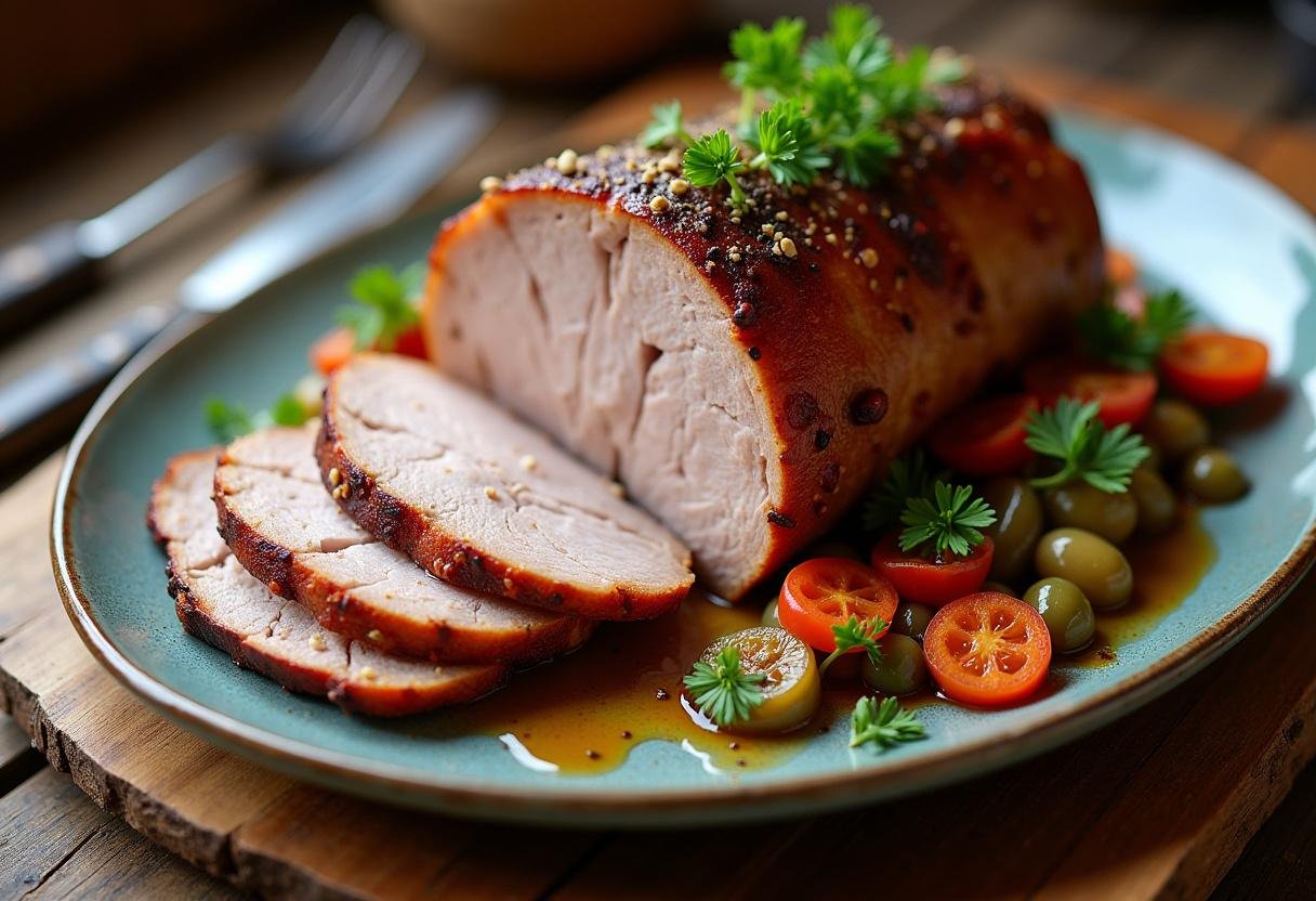 Rôti de porc moelleux au Cookeo servi avec des légumes, une présentation appétissante et tentante.