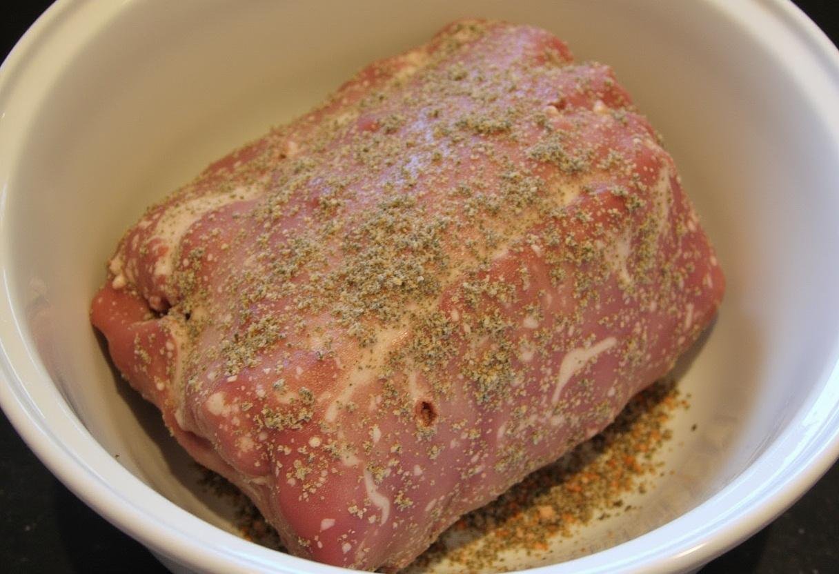 Préparation du rôti de porc moelleux au Cookeo avec une marinade d'herbes et d'épices.