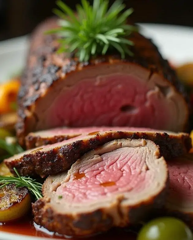 Présentation du rôti de veau au four parfait sur un plat, avec des légumes rôtis et des herbes fraîches, prêt à être dégusté.