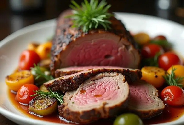 Présentation du rôti de veau au four parfait sur un plat, avec des légumes rôtis et des herbes fraîches, prêt à être dégusté.