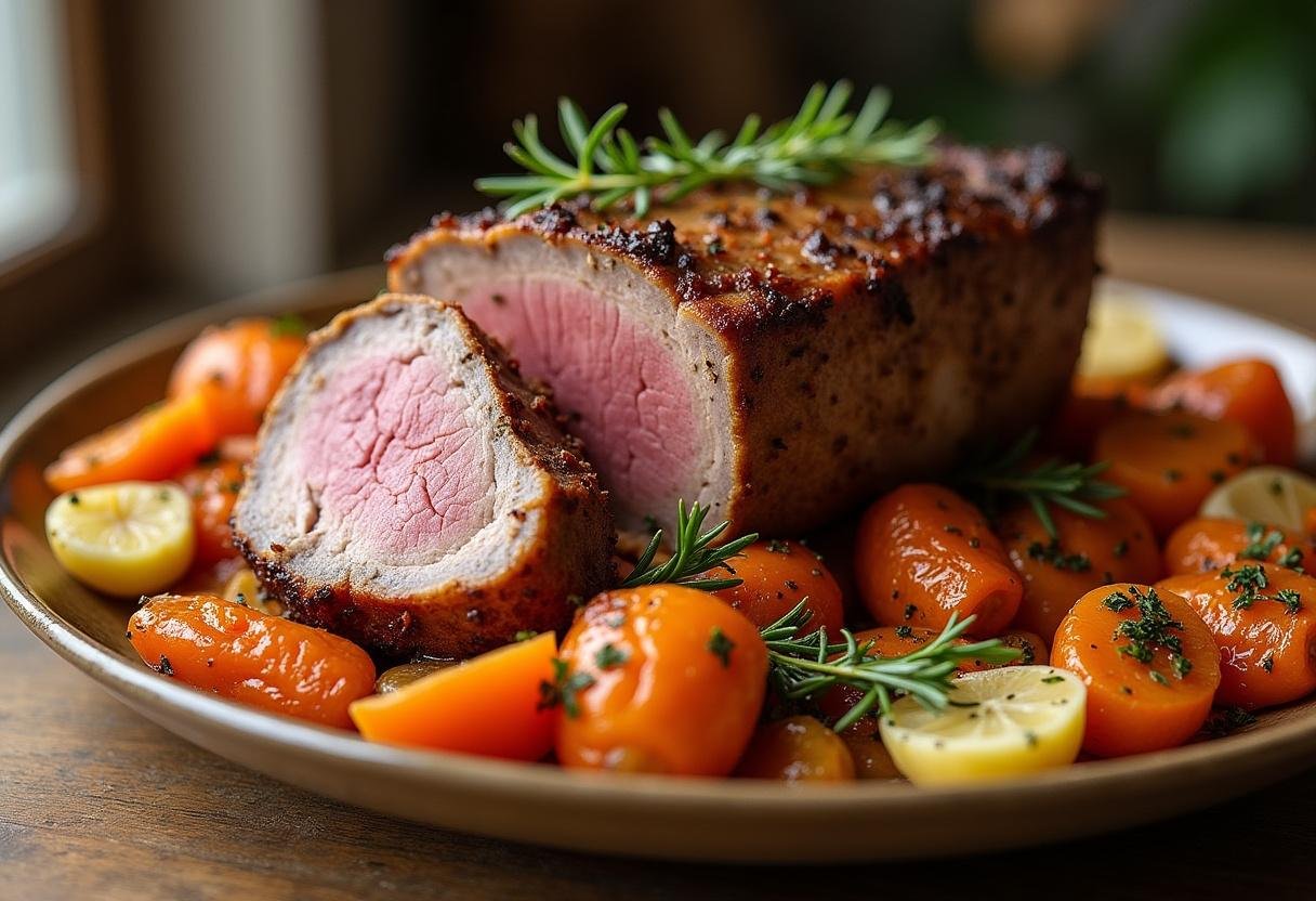 Présentation du rôti de veau au four parfait sur un plat, avec des légumes rôtis et des herbes fraîches, prêt à être dégusté.