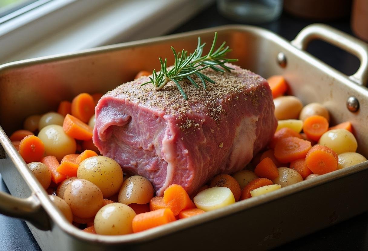 Préparation du rôti de veau au four avec des légumes colorés et des herbes fraîches sur le plan de travail de la cuisine.