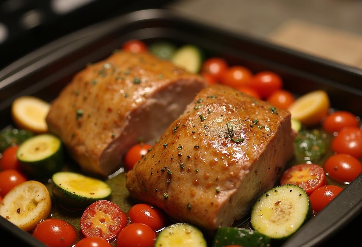 Vente du rôti de veau au four et aux légumes avec de l'huile d'olive avant la cuisson dans une cuisine moderne.