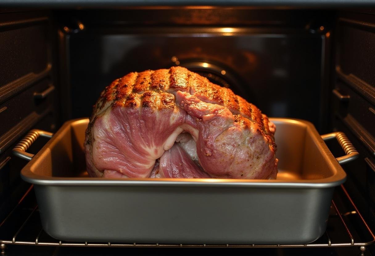 Rôti de veau au four en cours de cuisson dans le four, remplissant la cuisine d'arômes délicieux.