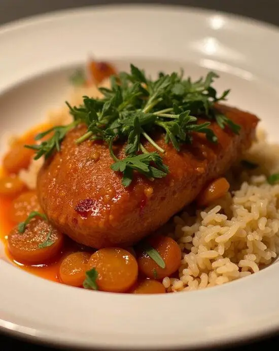 Plat final de rougail morue, présenté avec des herbes fraîches, accompagné de riz, mettant en valeur cette spécialité antillaise délicieuse.