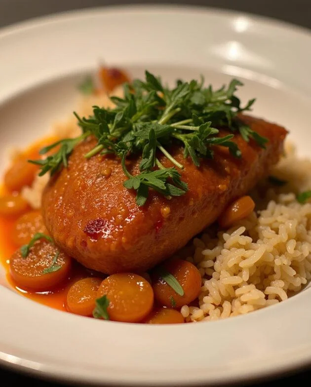 Plat final de rougail morue, présenté avec des herbes fraîches, accompagné de riz, mettant en valeur cette spécialité antillaise délicieuse.