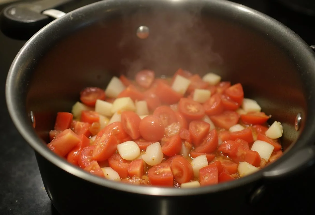 Ingrédients pour rougail morue - oignons, ail, tomates en dés cuisant ensemble dans une casserole, dégageant une odeur parfumée.