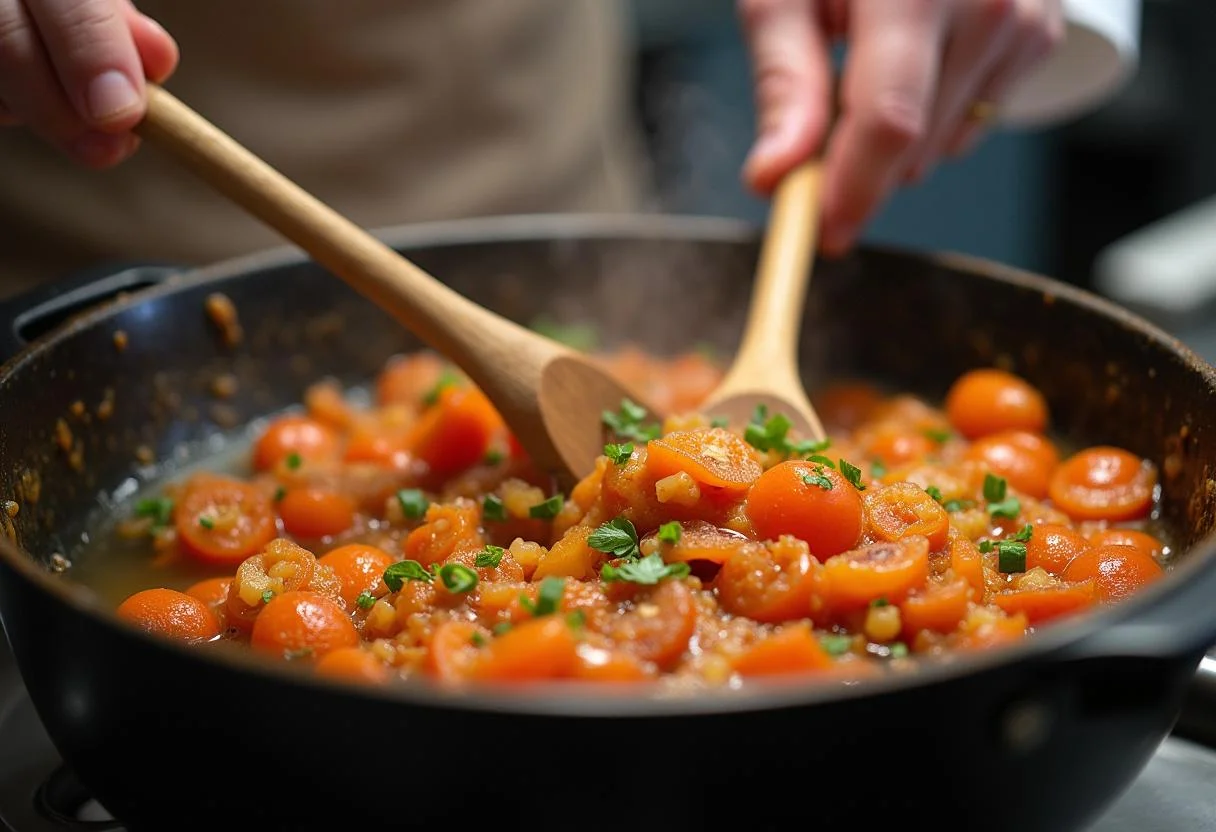 Un chef en train de remuer le rougail morue dans la casserole, s'assurant que tous les ingrédients sont bien mélangés et bien chauds.