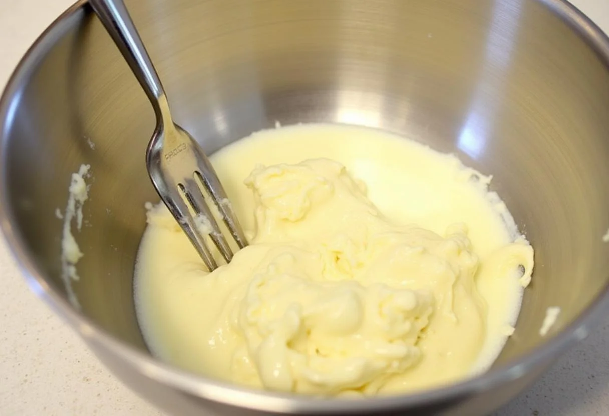 Bol avec du fromage Boursin crémeux sur un plan de travail de cuisine.