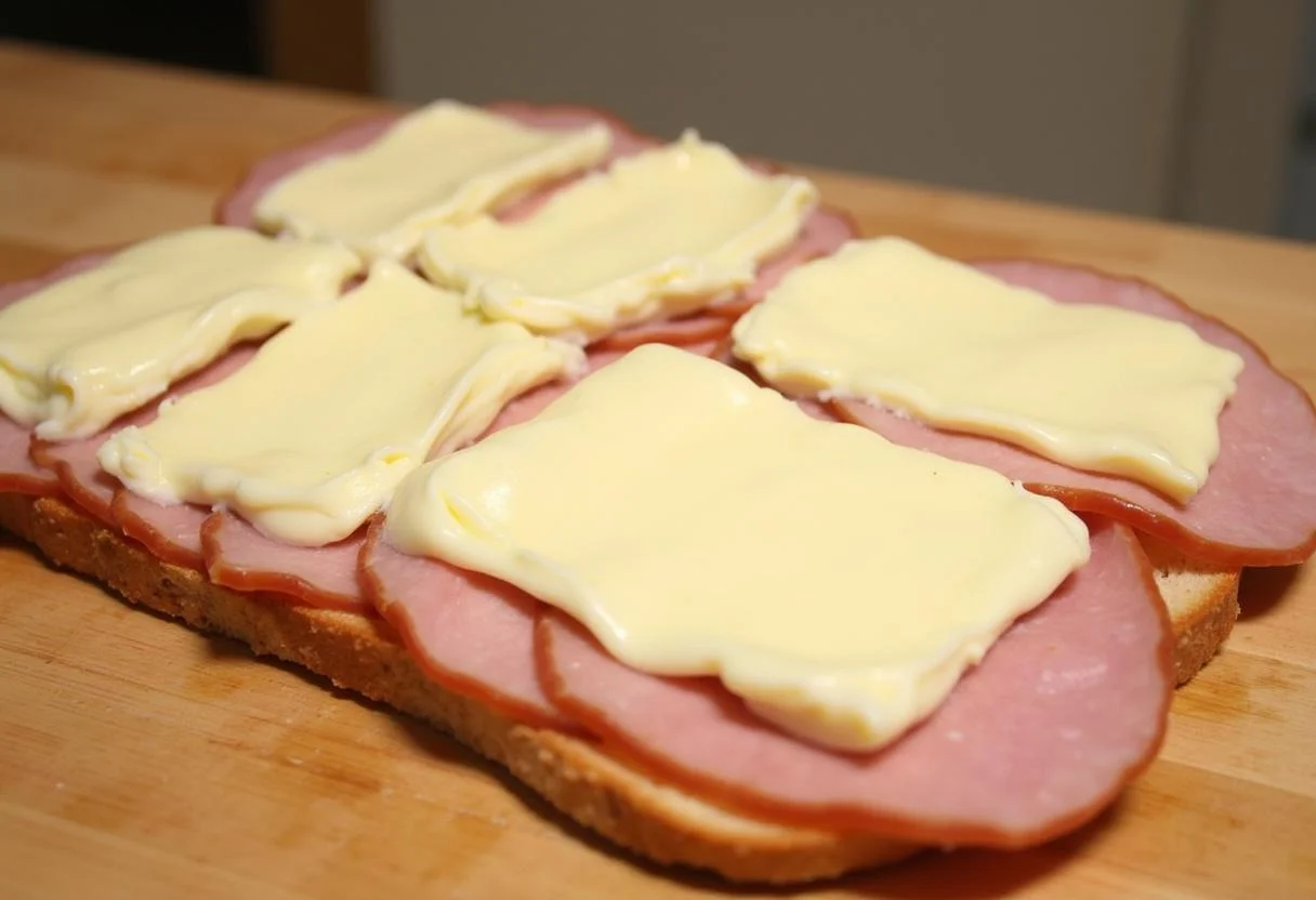 Tranches de jambon avec du fromage Boursin étalé uniformément sur une planche à découper en bois.