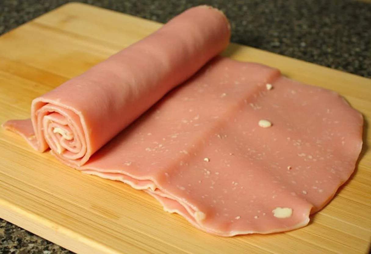 Roulés de jambon bien serrés reposant sur une planche à découper, prêts à être tranchés.