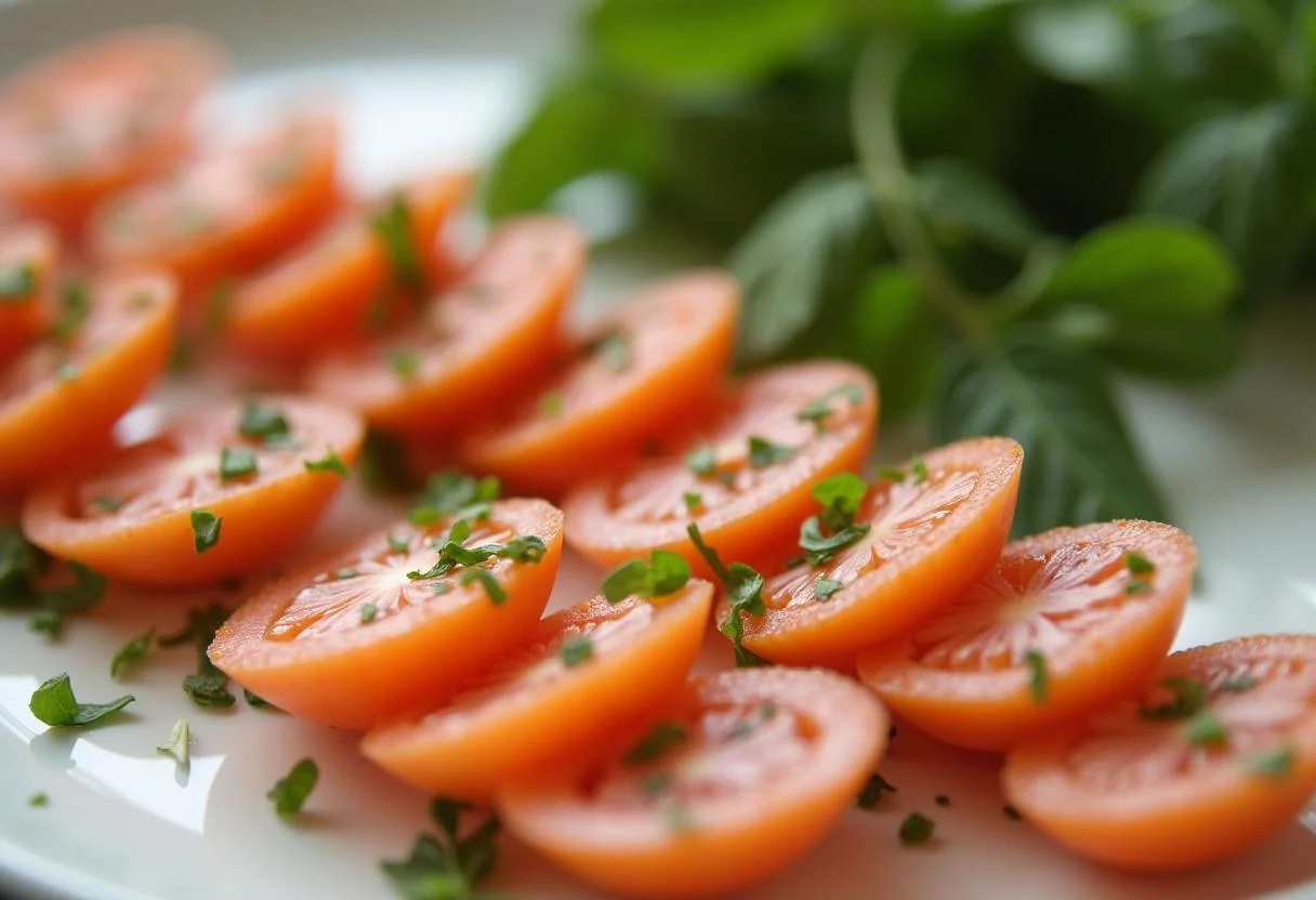 Tranches de roulés de jambon Boursin disposées sur un plat de service avec des herbes fraîches.