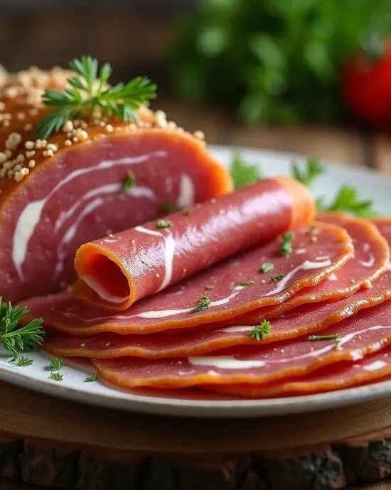 Présentation finale de roulé fromage jambon, tranches garnies sur une assiette en bois avec des herbes fraîches.