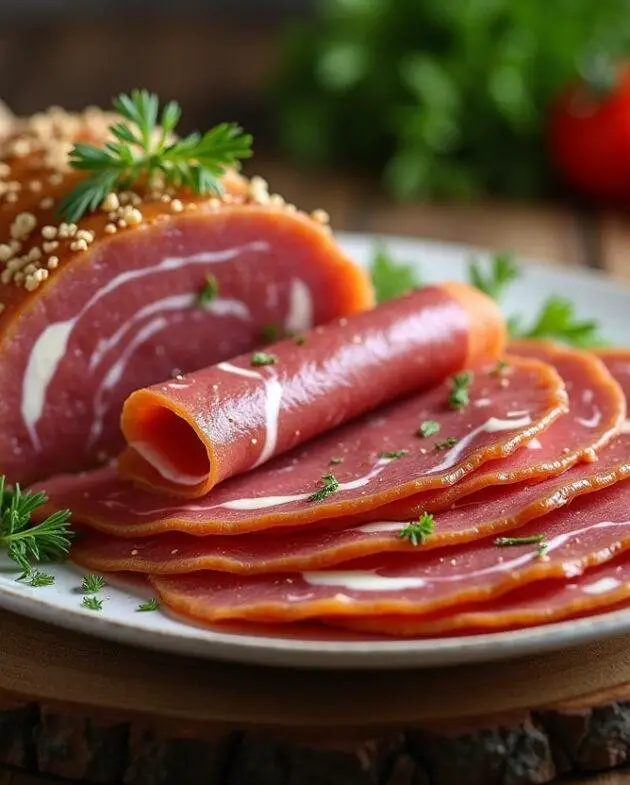 Présentation finale de roulé fromage jambon, tranches garnies sur une assiette en bois avec des herbes fraîches.