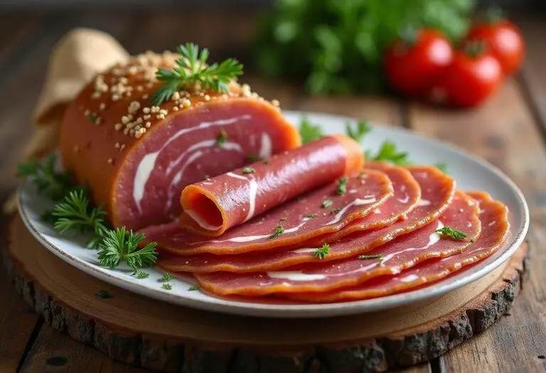 Présentation finale de roulé fromage jambon, tranches garnies sur une assiette en bois avec des herbes fraîches.