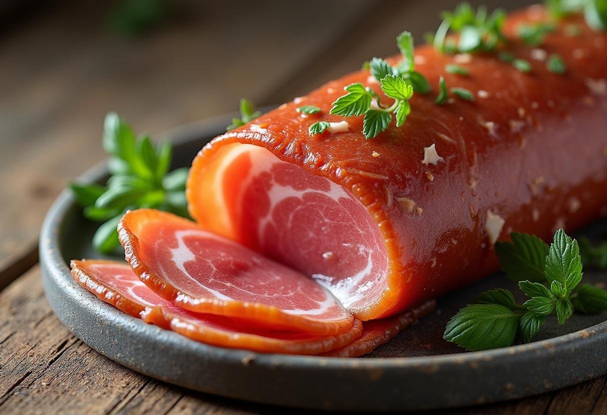 Présentation finale de roulé fromage jambon, tranches garnies sur une assiette en bois avec des herbes fraîches.